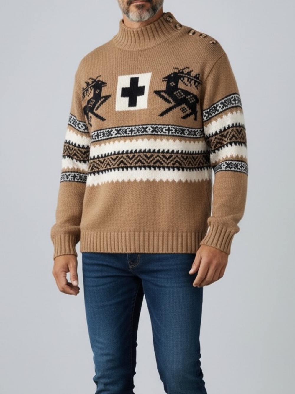 Men's Abrams Tan Nordic Motif 100% Lambs Wool Crewneck Sweater Reindeer Large